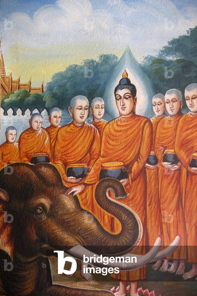 Fresco depicting the Buddha's sangha with an elephant in Wat Chiang Mun, Chiang Mai. Thailand