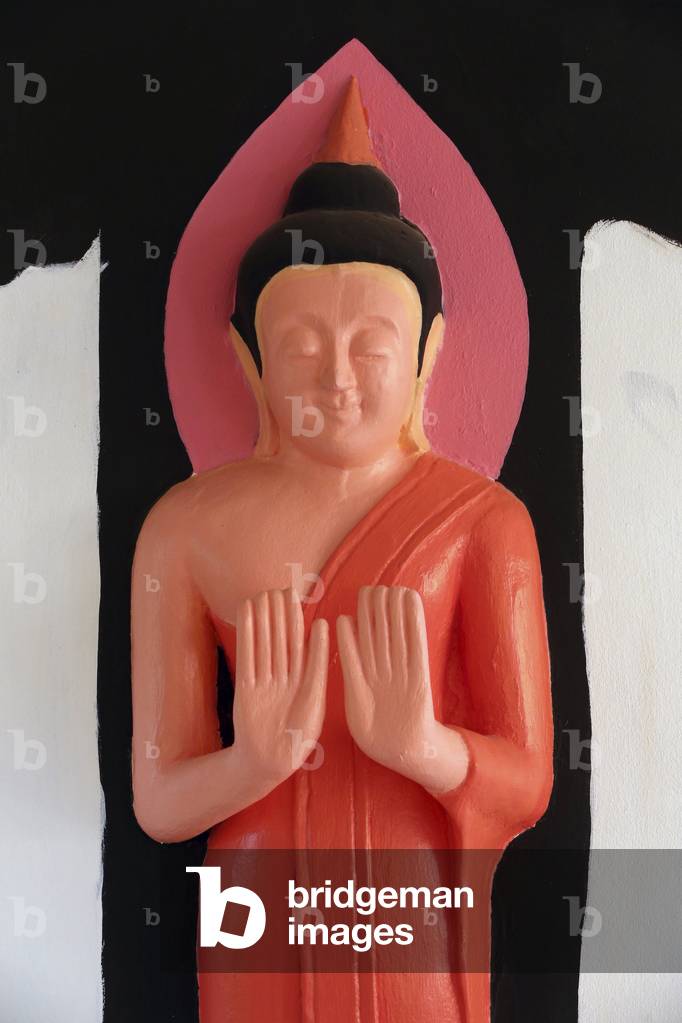 20151029, Vientiane, Laos : Wat Si Muang ( Simuong) buddhist temple. Painting depicting the life story of Shakyamuni Buddha. Repelling the ocean