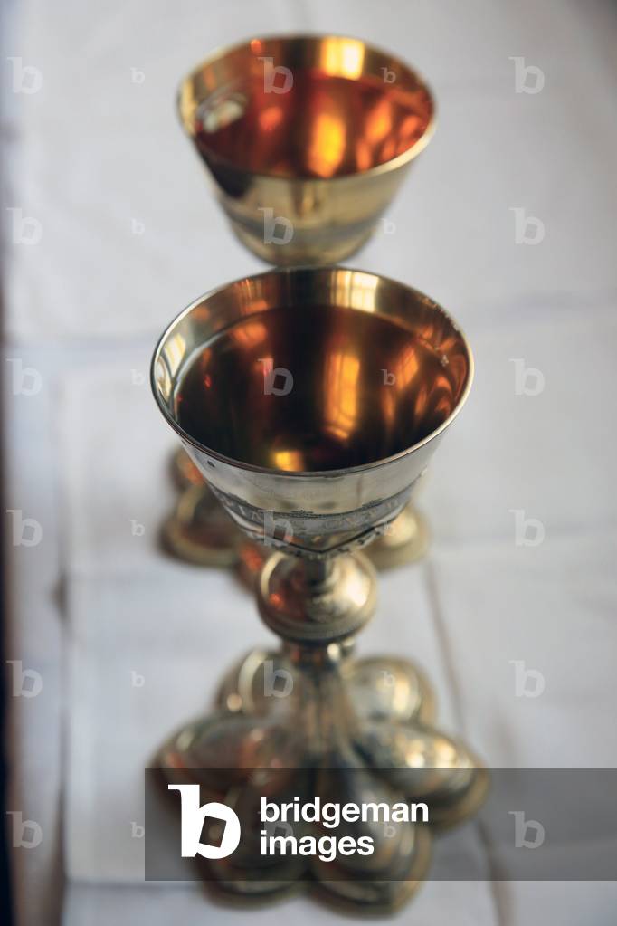 Ars-sur-Formans, Ain, France - Ars-sur-Fromans. Sanctuary-Shrine of Jean-Marie Vianney (the Cure d'Ars). Catholic mass. Chalices.