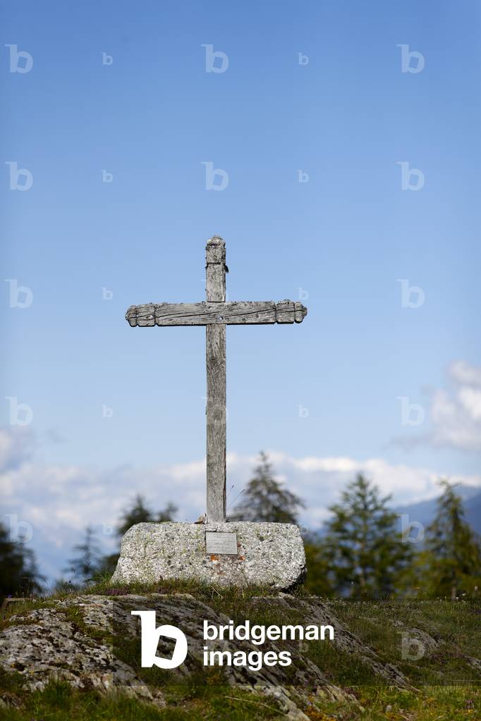Wood calvary cross.  Col de la Forclaz. Switzerland.