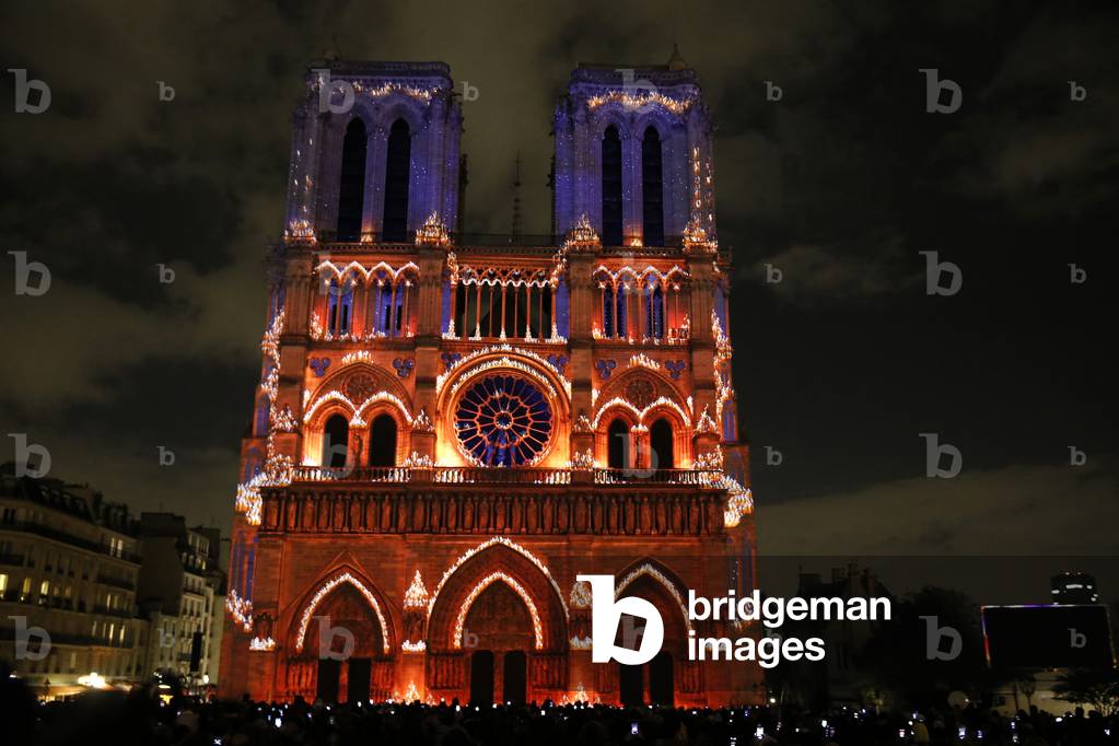 Sound and light show at Notre Dame de Paris cathedral, France (photo)