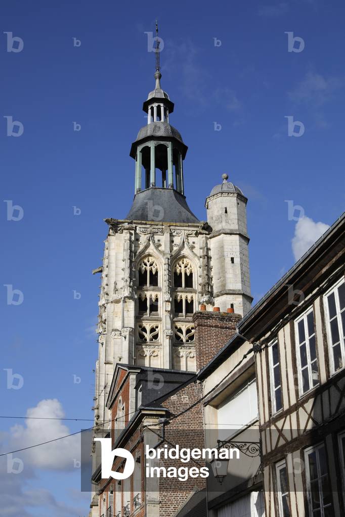 Houses and church spire in Bernay, France.