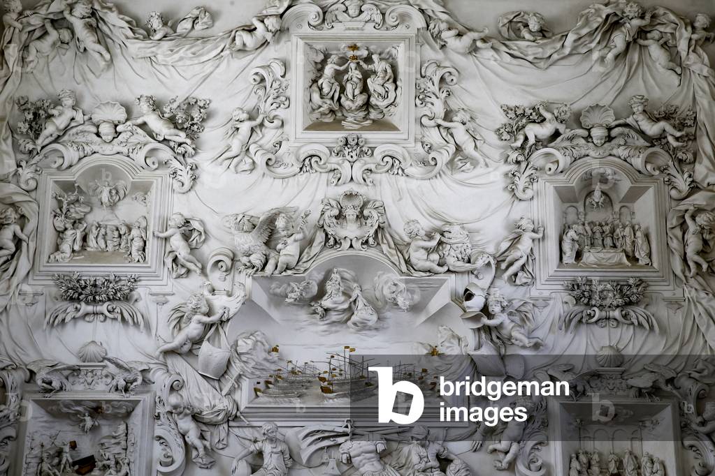 S. Cita oratorio, Palermo, Sicily, Italy. Baroque reliefs by Giacomo Serpotta. The pivotal episode of the oratorio, performed at the center of the apse, is the historic Battle of Lepanto in which the Christian fleet, protected by Our Lady of the Rosary, wins against the Turks. (photo)