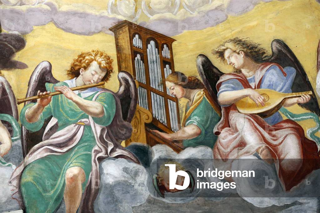 Pilgrimage church Madonna del Sasso. Angels playing music, 20160508, Orselina, Switzerland