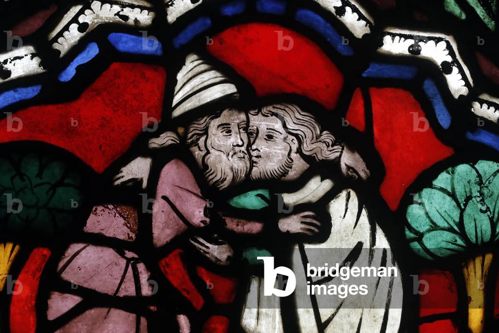 Oeuvre Notre-Dame Museum, Stained glass window, Meeting of Abraham and Melchisedech, St Thomas church, 13 th century, Strasbourg, France (photo)