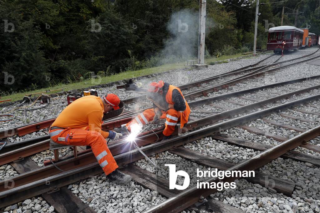 The Mont Blanc Tramway (TMB) is the highest mountain railway line in France. Maintenance worksop.  France.