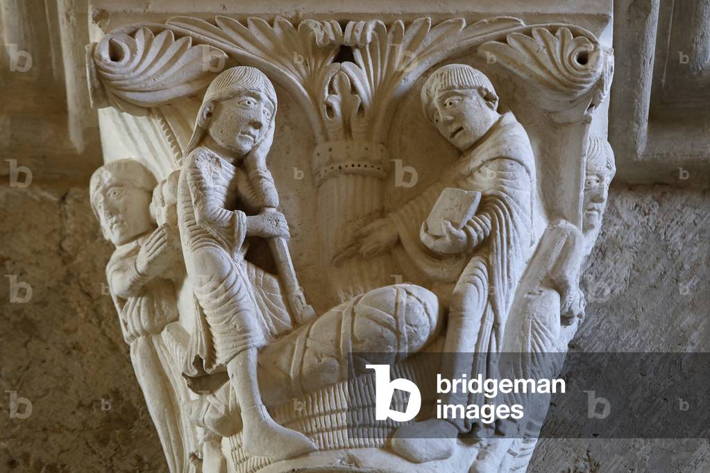 Saint Mary Magdalene basilica, Vezelay, France. Capital depicting St Benedict resurrecting a child