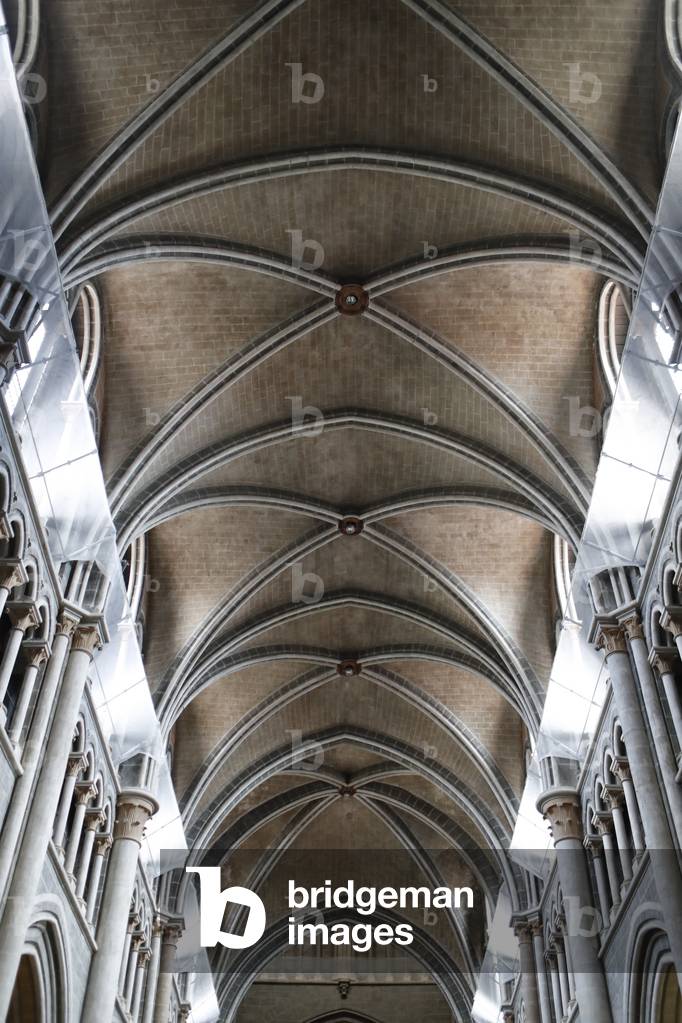 Cathedral of Notre Dame of Lausanne.  The nave. Gothic rib vaulting.  Switzerland.