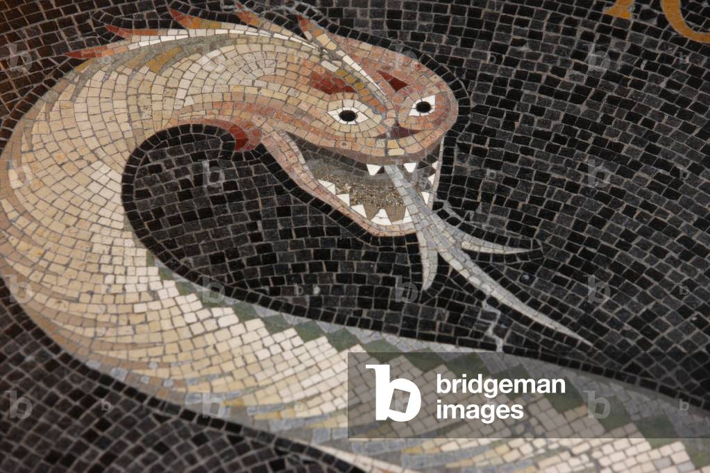 The serpent said to the woman: No, you shall not die the deathdixit autem serpens ad mulierem nequaquam morte moriemini. mosaic in Fourviere basilica , Lyon, France