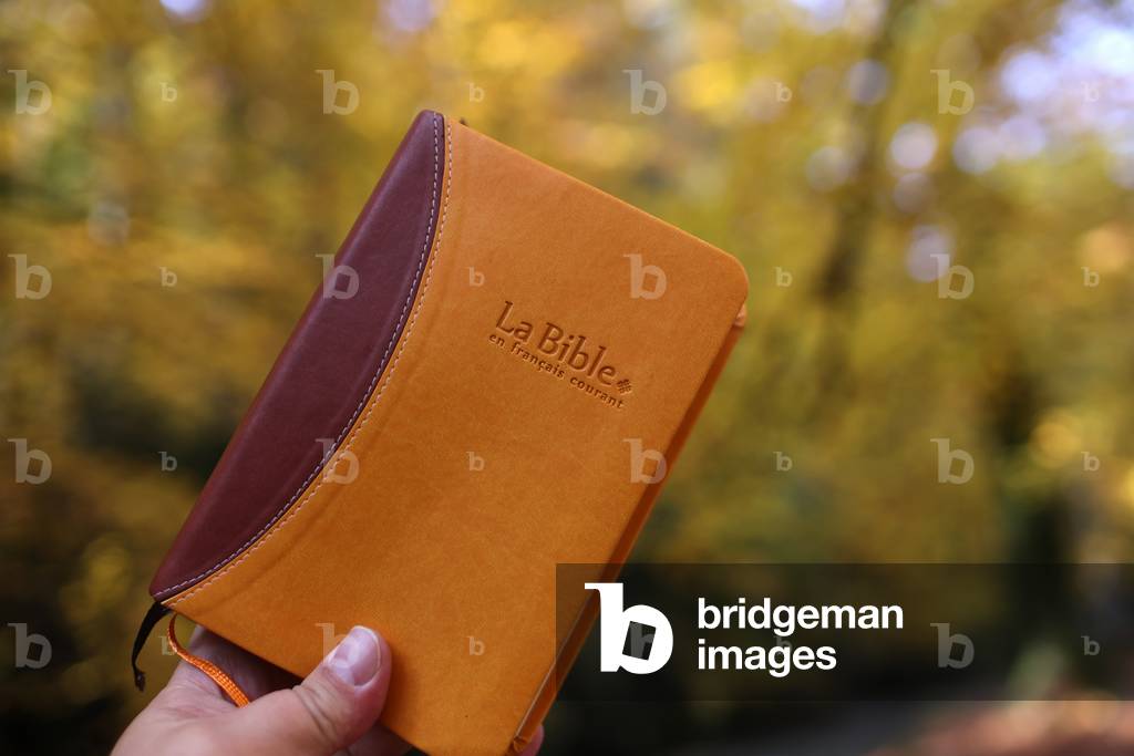 Man  holding an open bible. Forest in autumn.  France.
