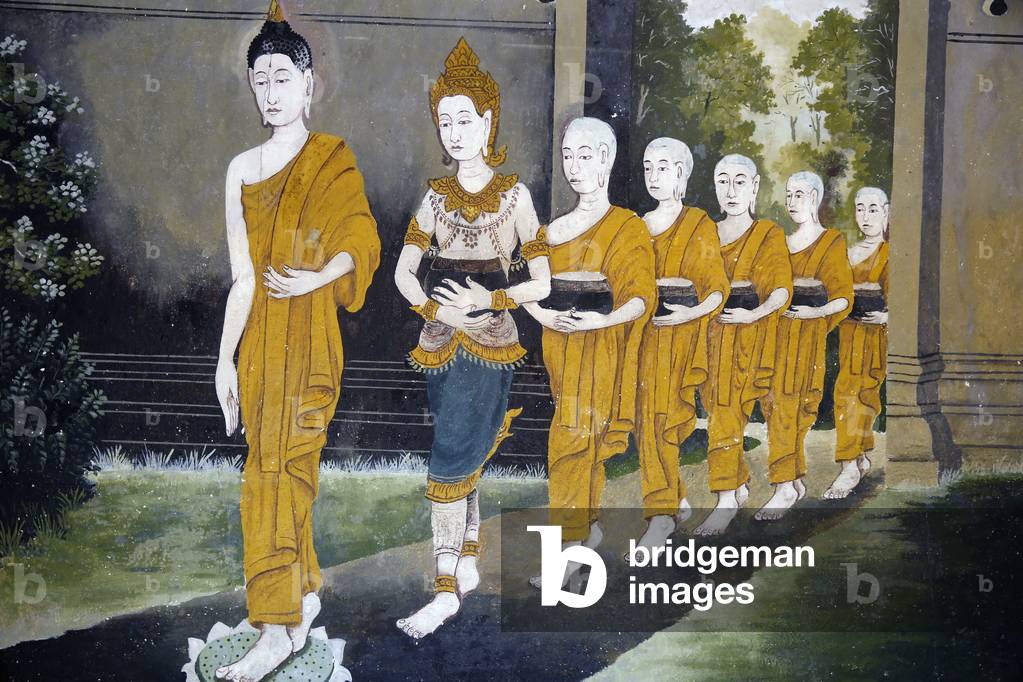 Fresco depicting a scene of the Buddha's life in Wat Phra Doi Suthep, Chiang Mai. Buddha and monks on an alm round. Thailand (photo)