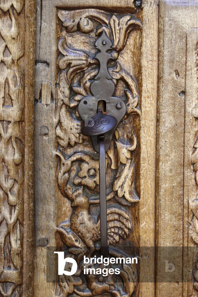 Martigny, Valais, Switzerland, le 16/9/2015 - Notre-Dame de la Visitation church. Carved church door.