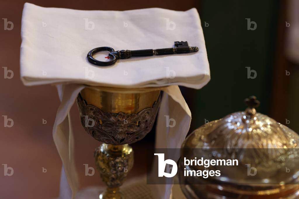 Catholic church during covid-19 epidemic. Sunday mass. Eucharistic table.  France.
