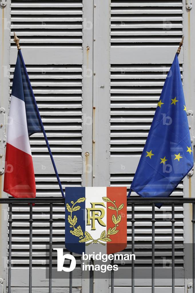City hall. French and european flags. France.