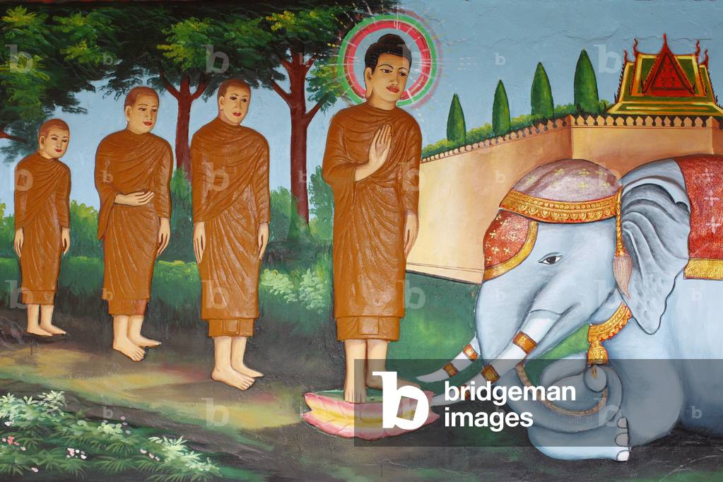 Preah Prom Rath MonasteryLife of the BuddhaA wild elephant tamed by Loving-Kindness, Siem Reap, Cambodia
