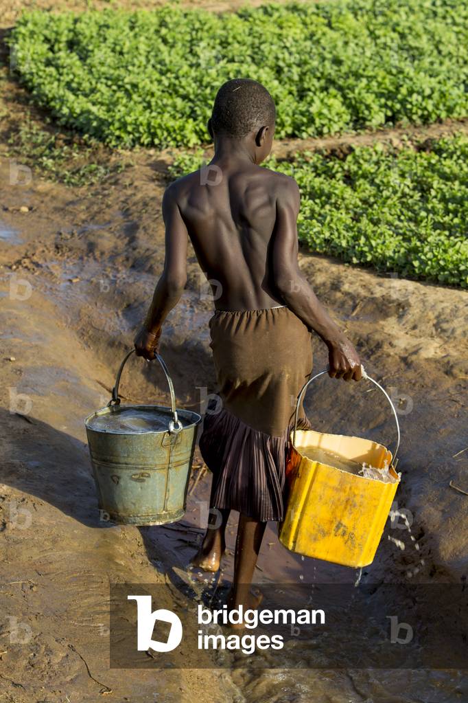 Girl fetching water to water a field in Karsome, Togo (photo)