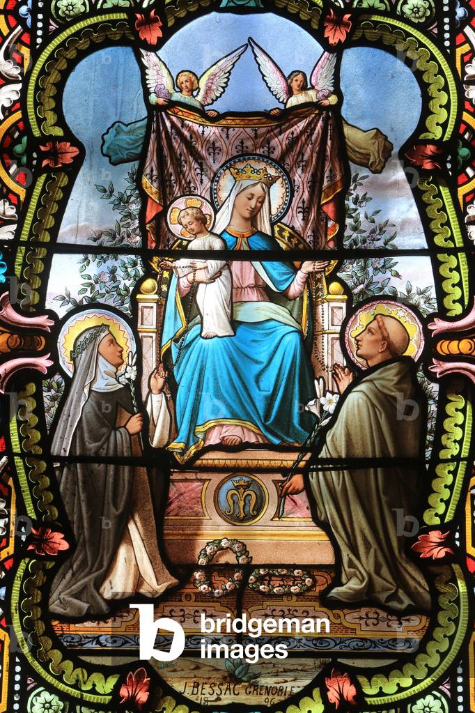Virgin and Child. Stained glass window. Shrine of Our Lady of la Salette, La Salette-Fallavaux, France