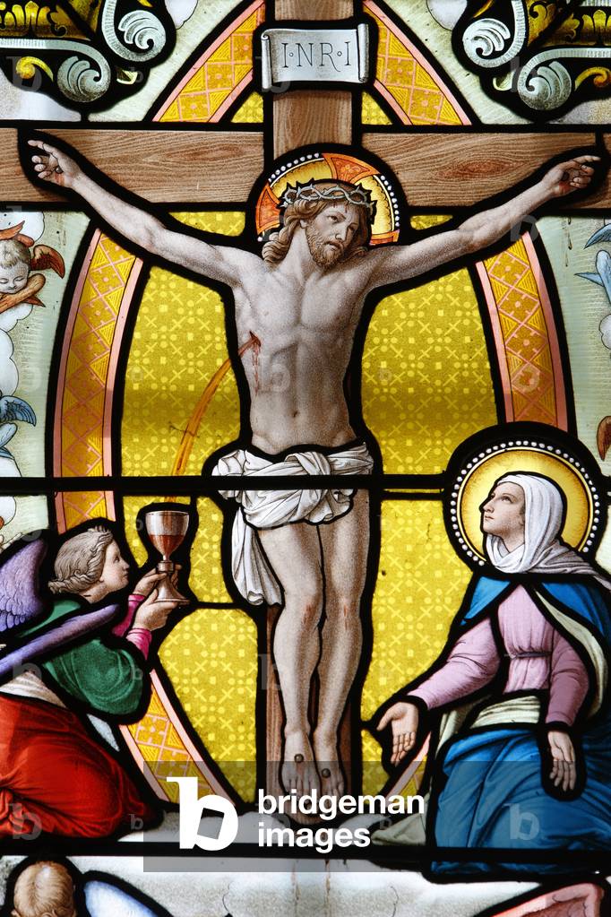 Shrine of Our Lady of la Salette Stained glass window Jesus on the cross, La Salette, France