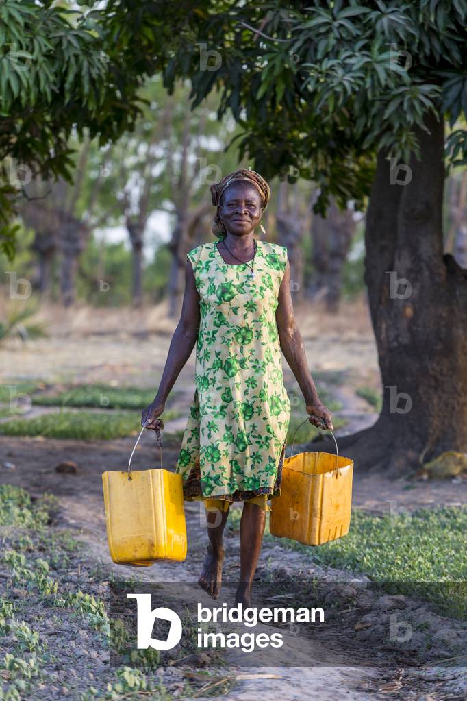 Member of a women's cooperative carrying buckets to water a field in Karsome, Togo (photo)