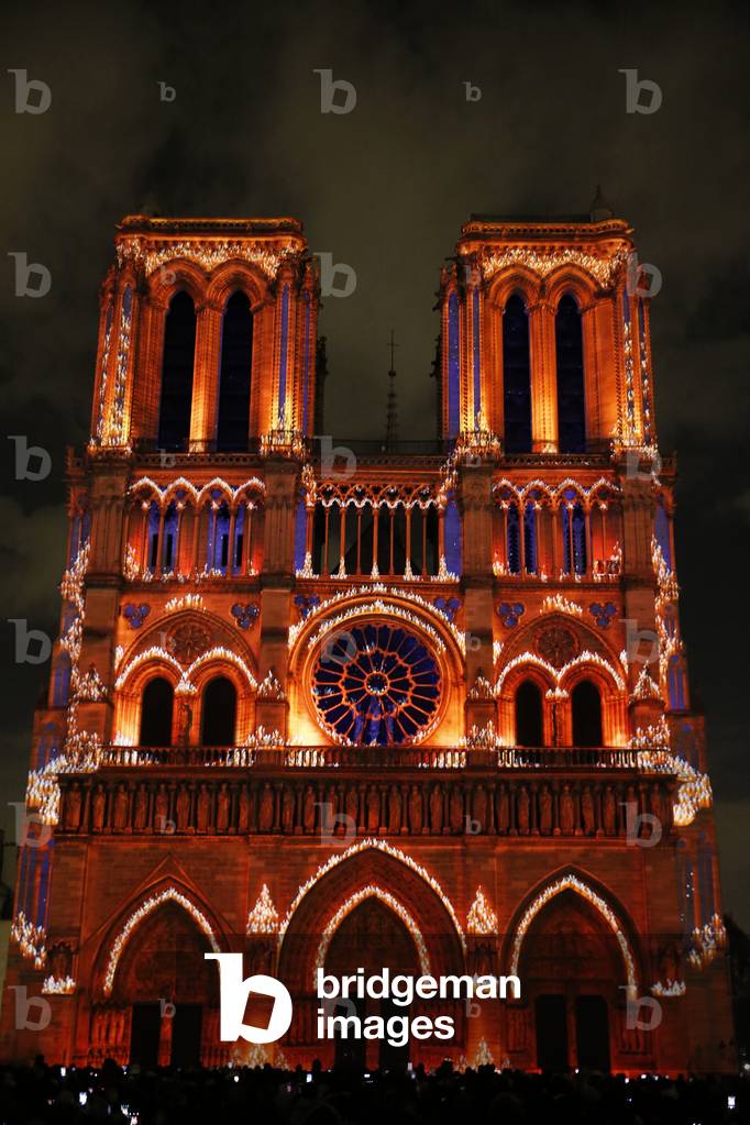 Sound and light show at Notre Dame de Paris cathedral, France (photo)