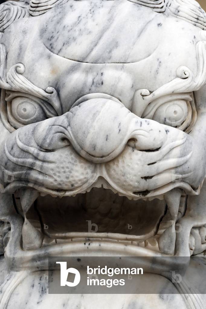Long Khanh Buddhist Pagoda, Imperial guardian lion at entrance, Statue, Quy Nhon, Vietnam, 2019 (photo)