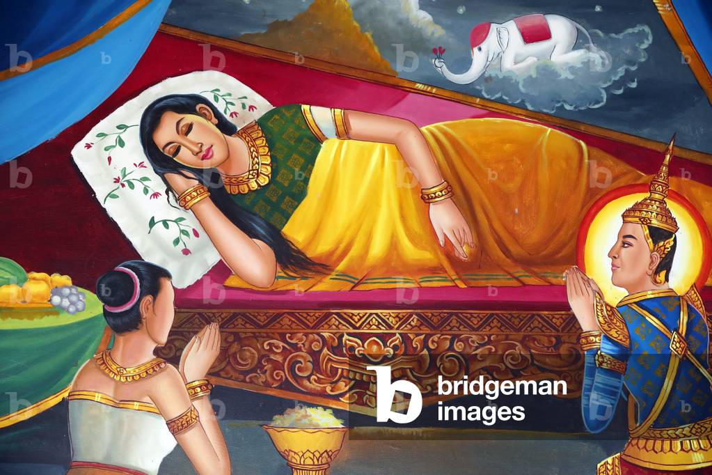 Queen Maya's white elephant dream and the conception of the Buddha. Kep.  Cambodia.  (photo)
