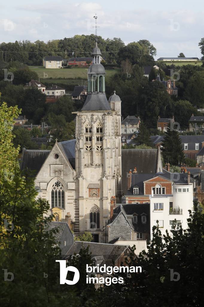 Bernay town, Eure, France. Sainte Croix (Holy Cross) church and Andre Perree's Maison Paquebot (Boat house).