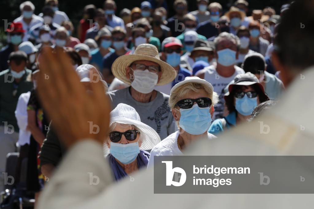 Catholic church during covid-19 epidemic. Assumption mass.  Notre Dame de la Gorge church.  France.