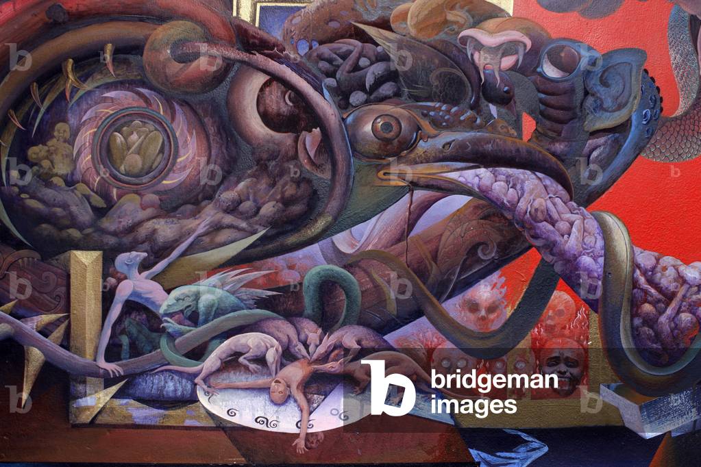 Detail of a mural painting in the Uposatha (shrine hall) of Buddhapadipa temple, Wimbledon, Grande-Bretagne