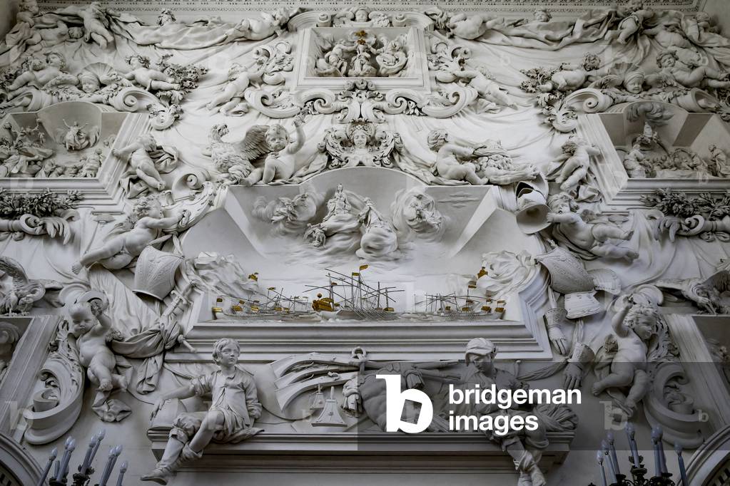 S. Cita oratorio, Palermo, Sicily, Italy. Baroque reliefs by Giacomo Serpotta. The pivotal episode of the oratorio, performed at the center of the apse, is the historic Battle of Lepanto in which the Christian fleet, protected by Our Lady of the Rosary, wins against the Turks. (photo)