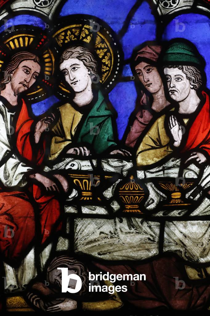 Oeuvre Notre-Dame Museum, Stained glass window, The meal in Bethany, Mary Magdalne at the feet of Christ, 13 th century, Madelonnettes' convent, Strasbourg, France (photo)