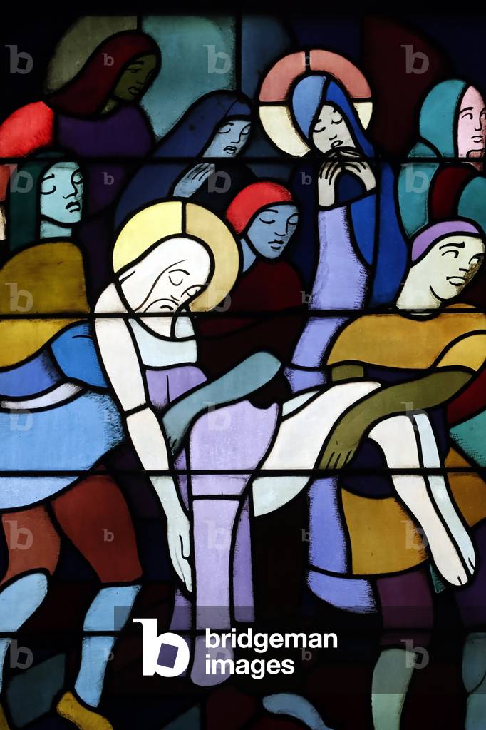 Sainte Therese church.   Stained glass window.  Holy week. Passion of Christ. Jesus is laid in the tomb.  Jean Edouard de Castella.