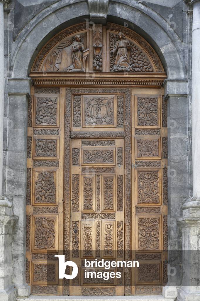 Martigny, Valais, Switzerland, le 16/9/2015 - Notre-Dame de la Visitation church. Carved church door.
