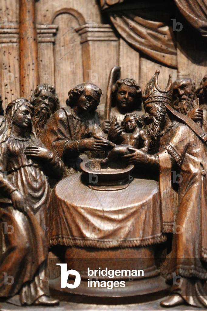 The circumcision of Jesus, Wood sculpture, 17th century, Sainte-Elisabeth-de-Hongrie church, Paris, France