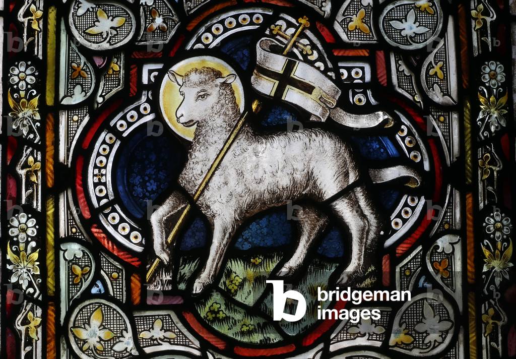 Protestant church, Stained glass window, Lamb of God, Agnus Dei, Chamonix, France (photo)
