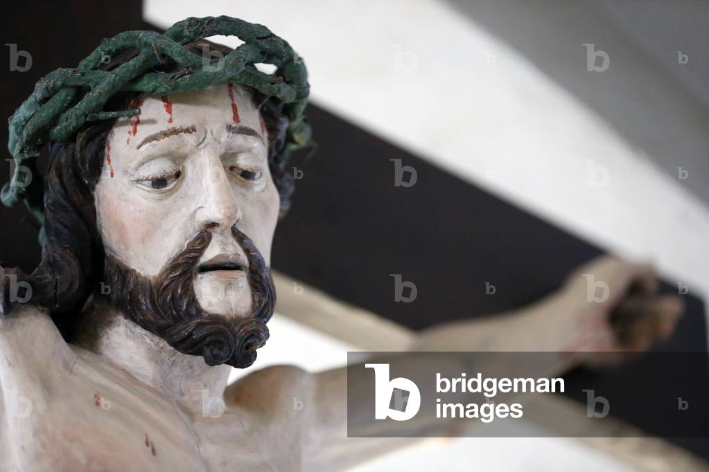 Restoration of Saint Gervais baroque church. The crucifixion. Jesus on the cross. France