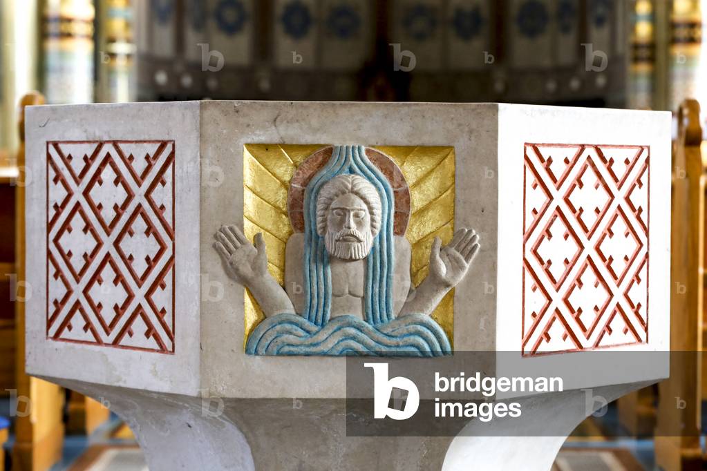 St Peter's catholic cathedral, Belfast, Northern Ireland, Baptismal font, Ulster, U.K. (photo)