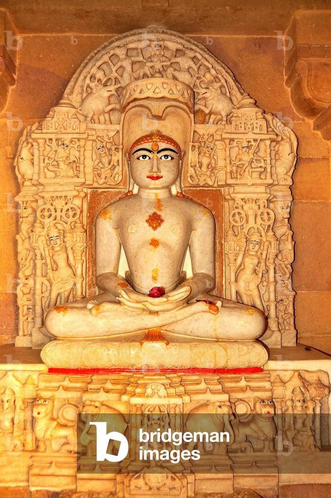 India, RAJASTHAN, JAISALMER : Depiction of Rishabha in Jaisalmer Jain temple, XIIth century, Jain temple of Adinath or Rishabha (photo)