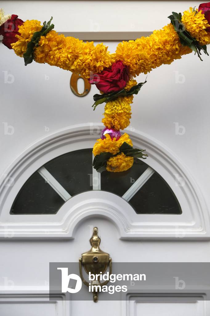 Hindu garland on a house door in Leicester, U.K. United kingdom