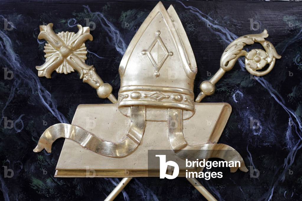 Symbols of the bishop : miter, crozier and gospel, Saint-Nicolas de Veroce, France