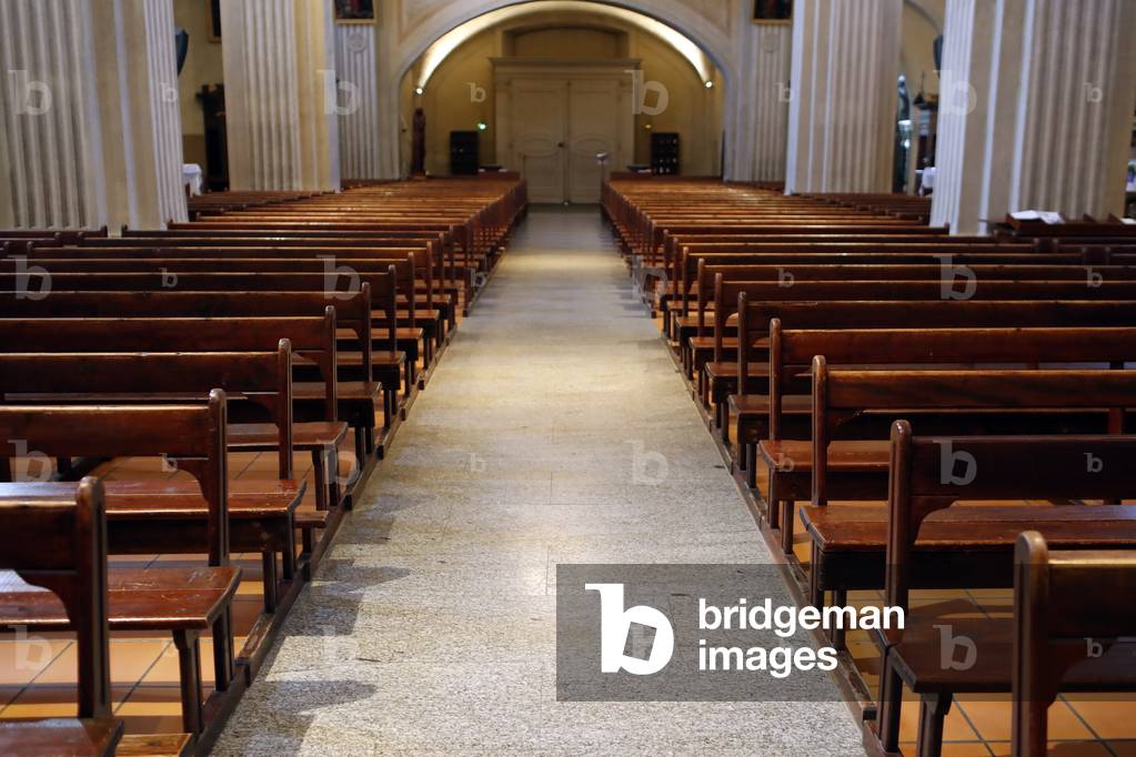 Coronavirus epidemic (COVID-19), Lockdown and Containment measures, Empty church, Sallanches, France, 2020 (photo)