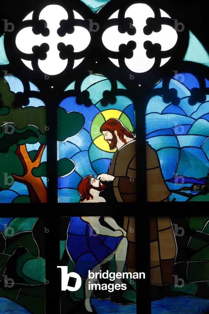 Kon Tum Cathedral. Stained glass window. The baptism of Jesus. Kon Tum. Vietnam