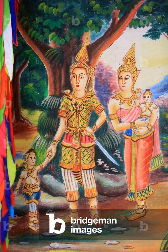 Ceiling Artwork Depicting the Life of Buddha. Wat Si Sou Mang Karam Temple. Vieng Vang. Laos, 20151102, Vieng Vang, Laos