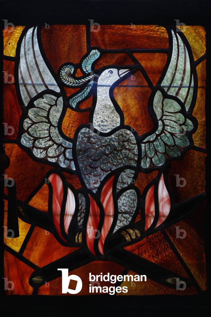Orval trappist abbey, Belgium. Stained glass. Phoenix