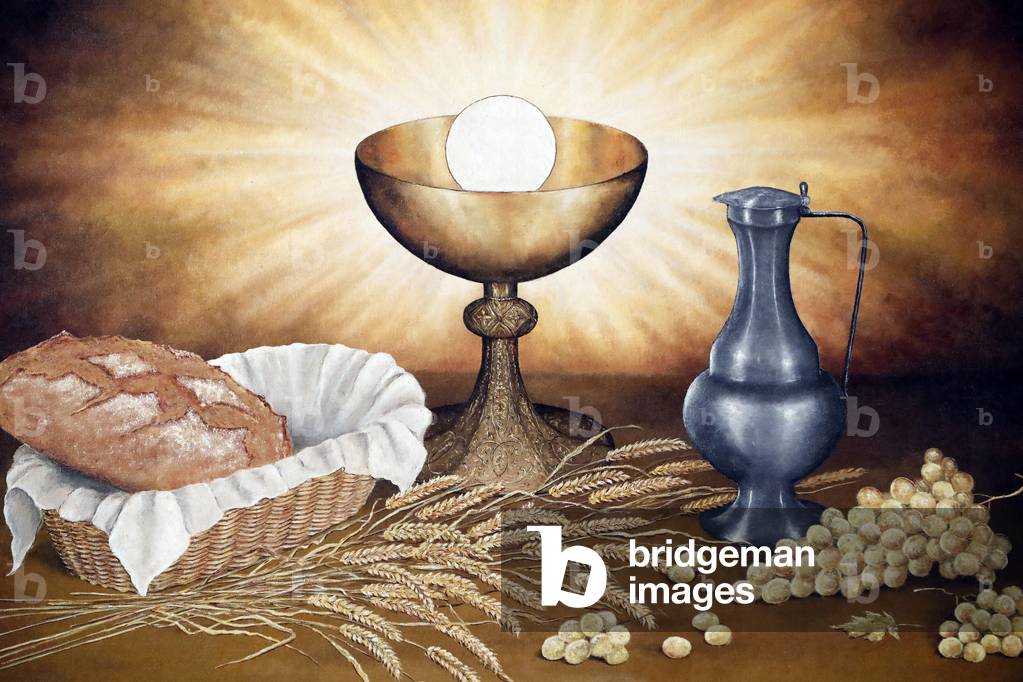 Saint-Andre church, Communion table with cup of wine, grapes, bread and wheat (photo)