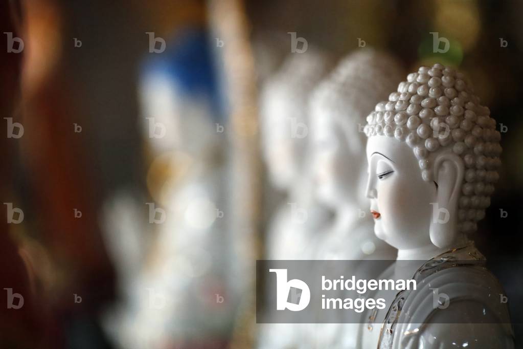 Row of Buddha satues in a buddhist temple, Ho Chi Minh City, Vietnam, 2019 (photo)