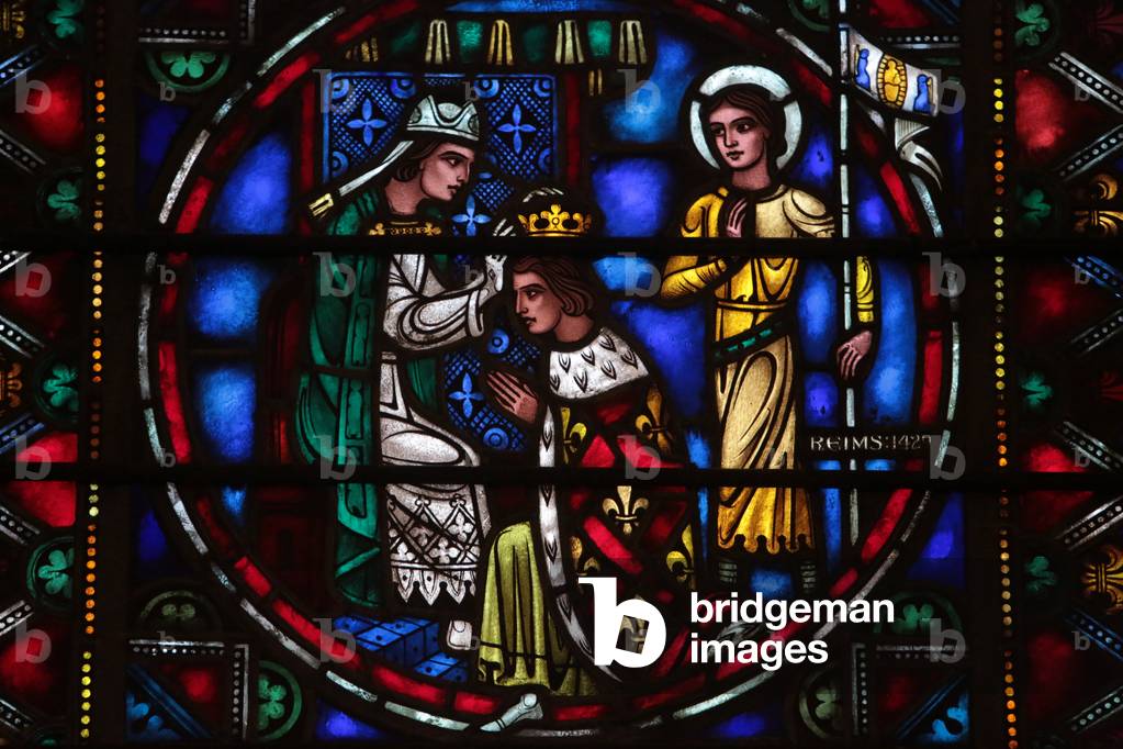 Stained glass window. Crowning of the kings of France in Reims, New York, United States of America