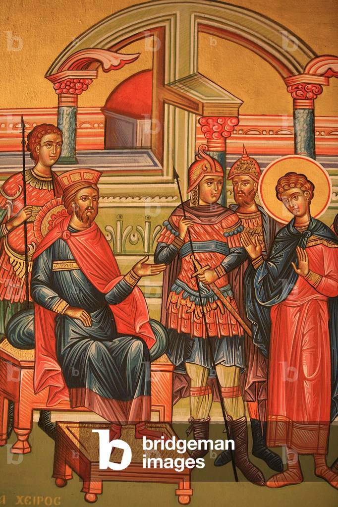 Greek orthodox icon depicting a martyr with a Roman governor Thessalonique Grece