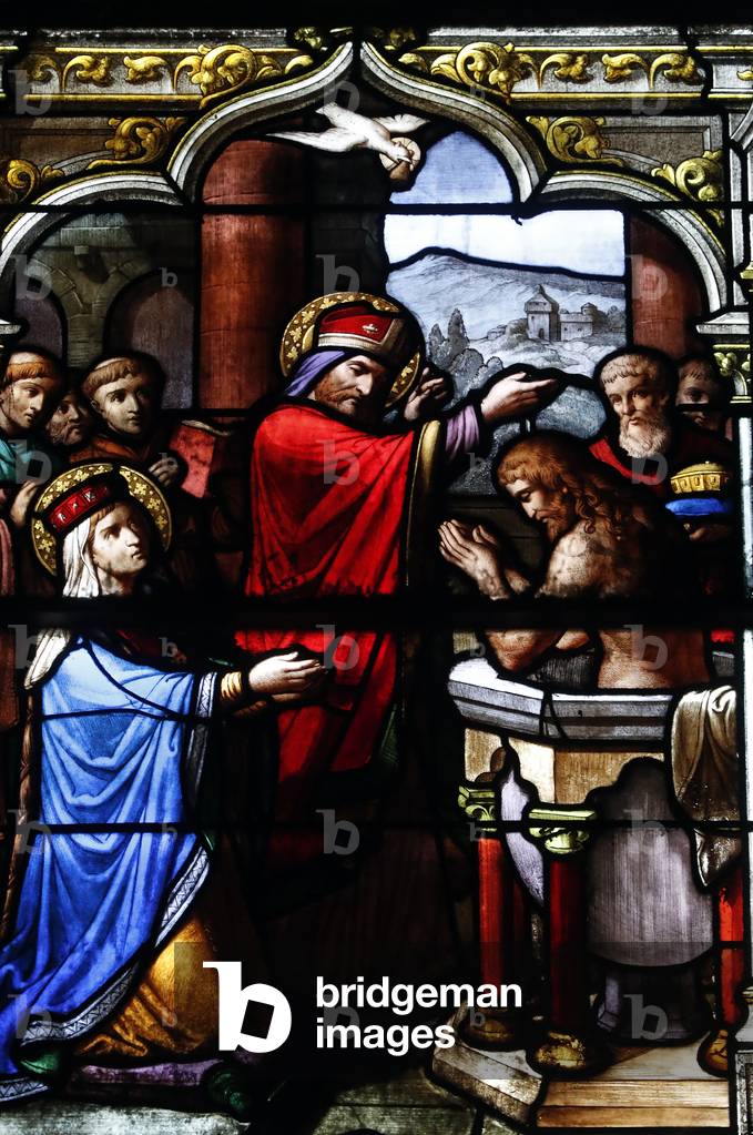 Saint Nizier church,  Stained glass window, Baptism of Clovis the first king of the Franks,  Lyon, France (photo)