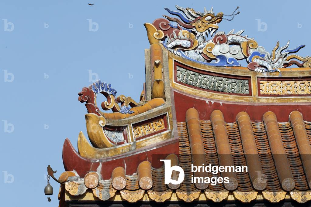 Roof detail with dragon, Ceramic tiles, Tu Duc Royal Tomb complex, Hue, Vietnam, 2019 (photo)